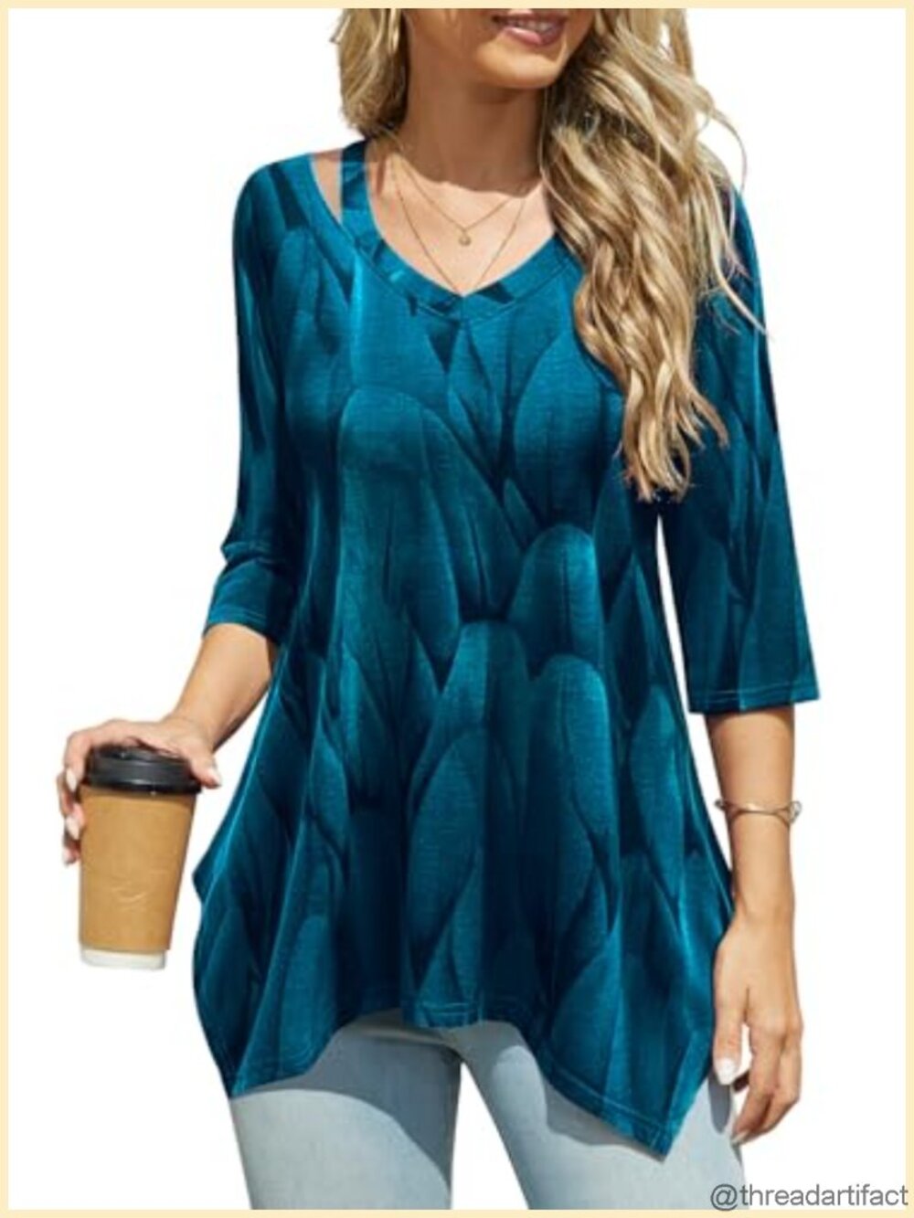 Womens Soft Stretch Tunic 3/4 Sleeve V-Neck Cut Out Handkerchief Hem Flowy Top